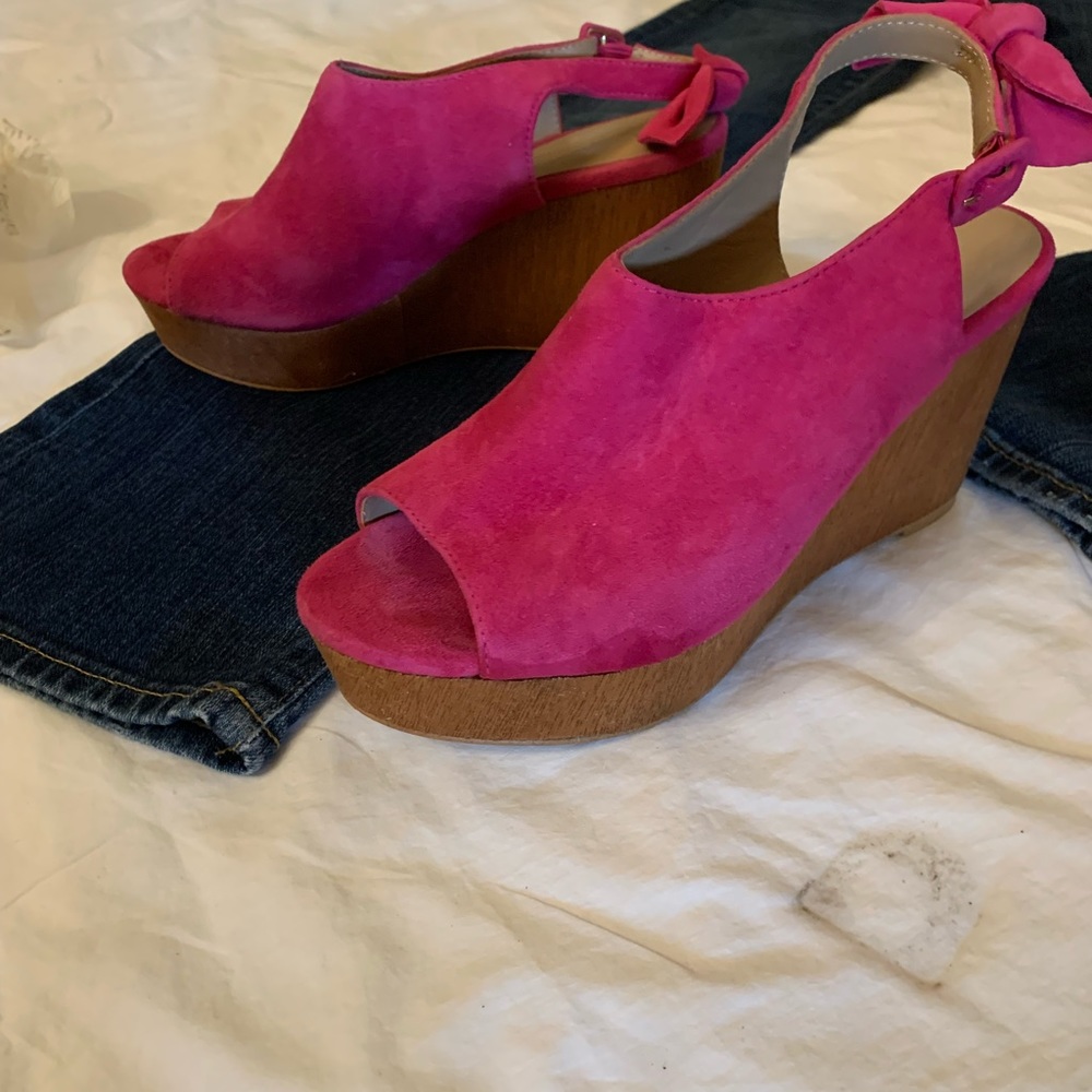 Anthropologie raspberry suede wedge heels